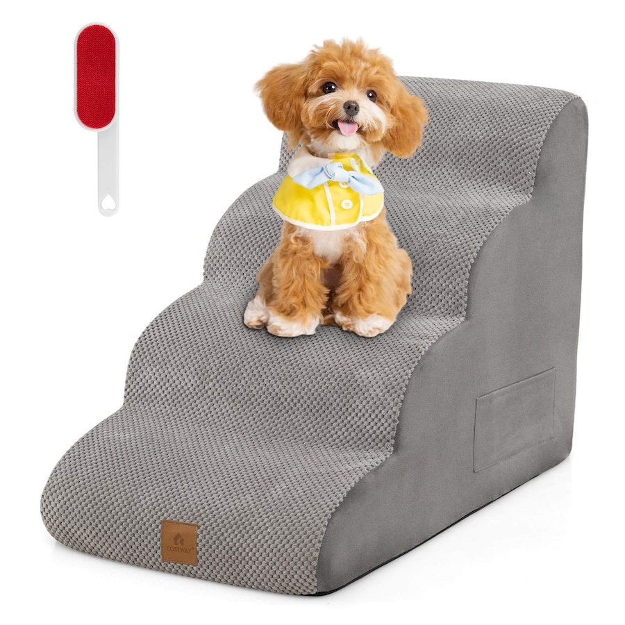 Costway 4-Tier Pet Ramp Dog Step Stairs Non-slip Climbing Ladder Bed Sofa w/Hair Remover Storage Pocket Handle Grey