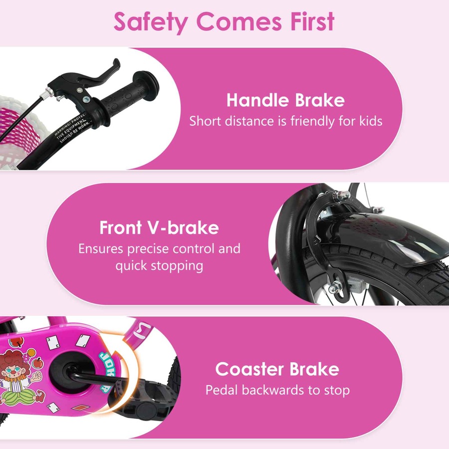 Costway 40cm Kid Bicycle Dual Brake Balance Bike Ride on w/Training Wheels Adjustable Seat & Handlebar Basket Rosy