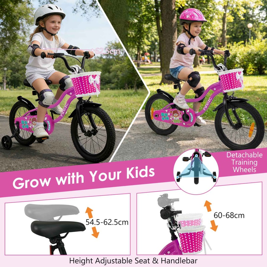 Costway 40cm Kid Bicycle Dual Brake Balance Bike Ride on w/Training Wheels Adjustable Seat & Handlebar Basket Rosy