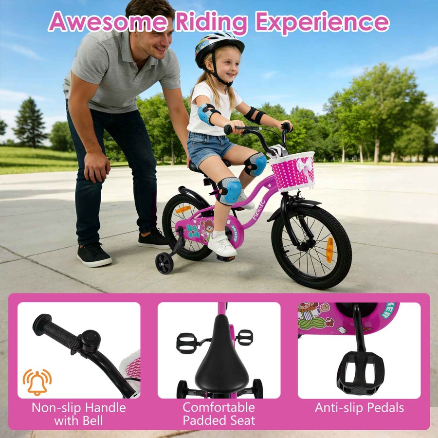 Costway 40cm Kid Bicycle Dual Brake Balance Bike Ride on w/Training Wheels Adjustable Seat & Handlebar Basket Rosy
