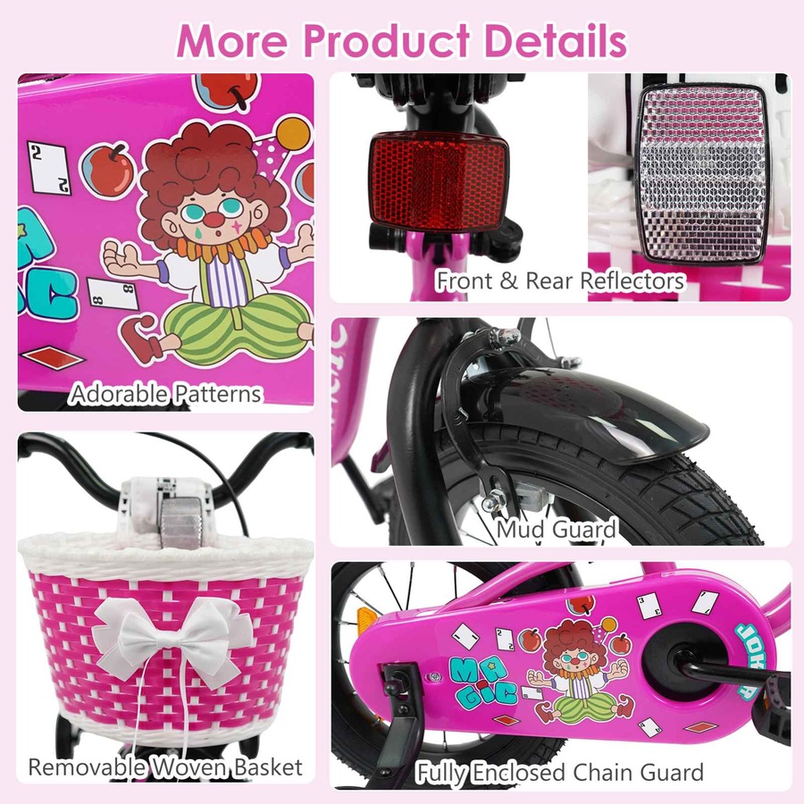 Costway 40cm Kid Bicycle Dual Brake Balance Bike Ride on w/Training Wheels Adjustable Seat & Handlebar Basket Rosy