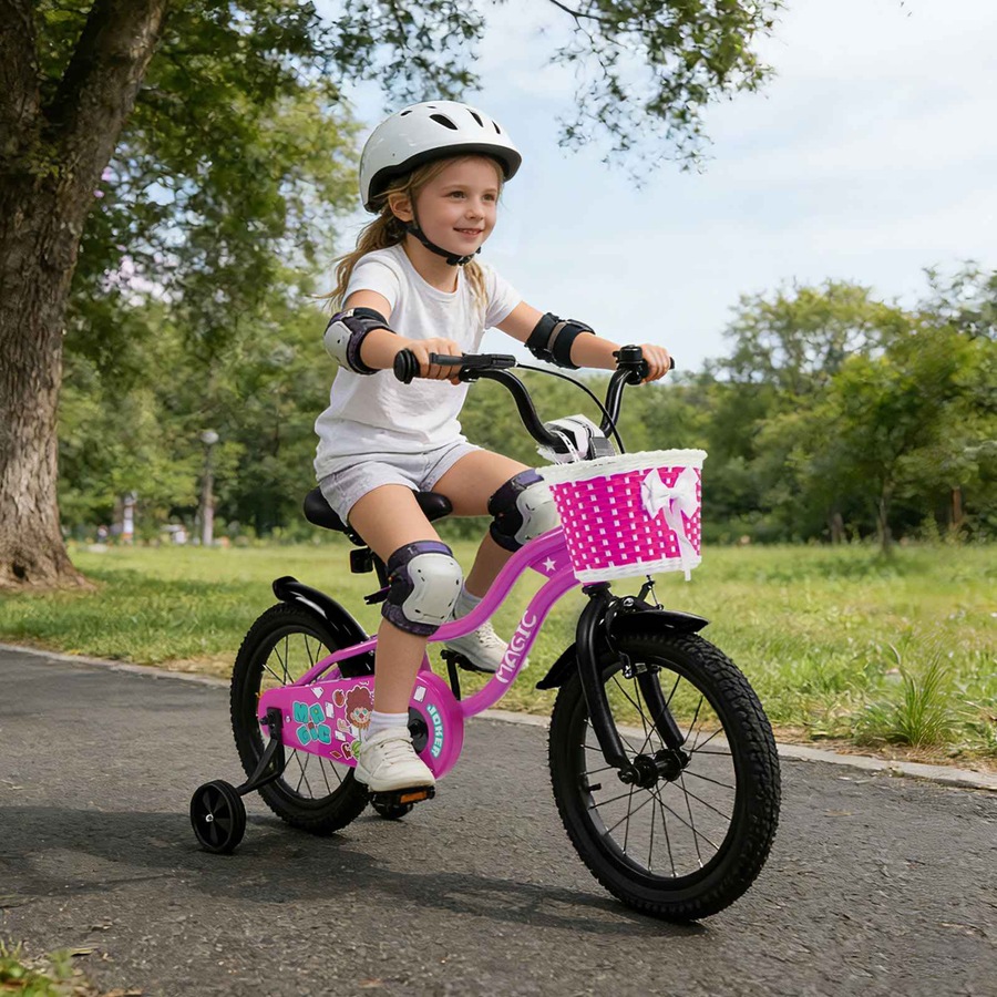 Costway 40cm Kid Bicycle Dual Brake Balance Bike Ride on w/Training Wheels Adjustable Seat & Handlebar Basket Rosy