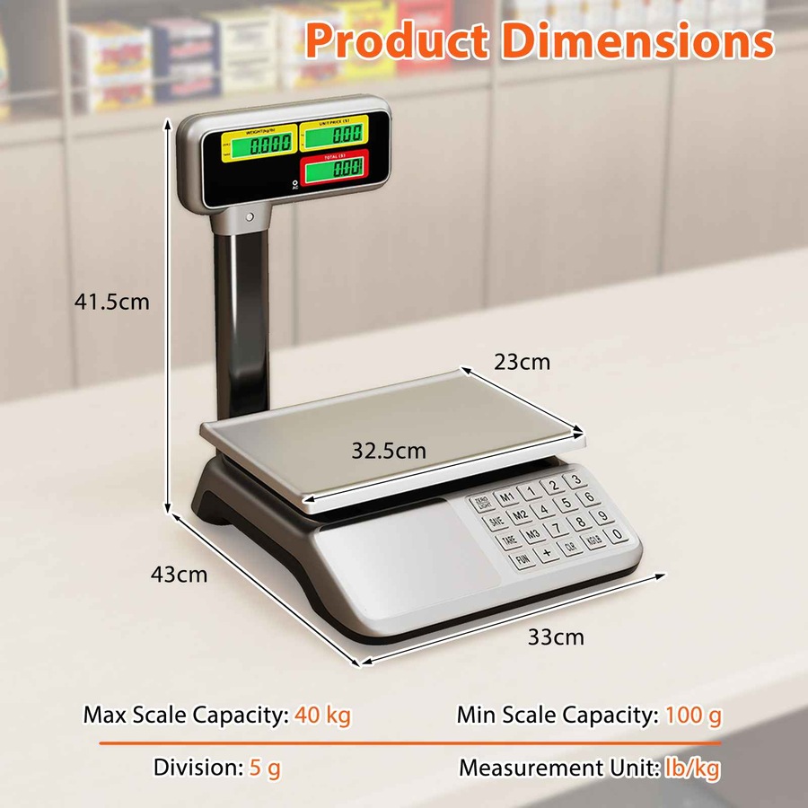 Costway 40kg Price Computing Scale Commercial Food Scale Electronic Digital Weight Scale w/Pole LCD Display Shop Market
