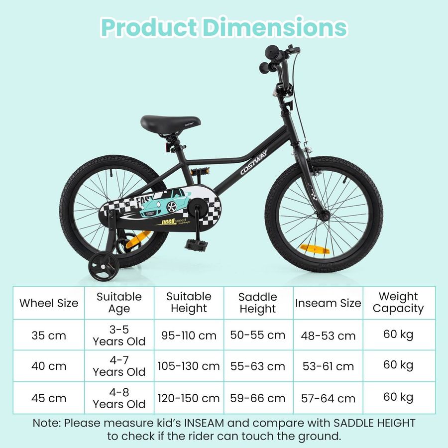 Costway 45 cm Bicycle w/Removable Training Wheels Bike for 3-8 Years Old Boys & Girls Black