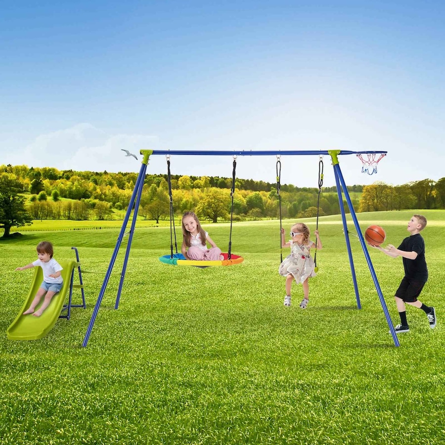 Costway 4in1 Swing Set Playground Outdoor Backyard Climb Slide Metal Playset Saucer Swing Play Set w/Basketball Hoop