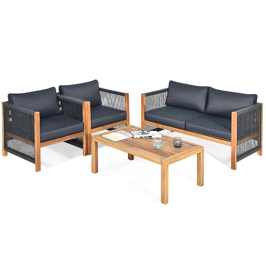 Costway 4PCS Outdoor Patio Furniture Wood Lounge Sofa Set Table Chairs Setting Garden Backyard Grey