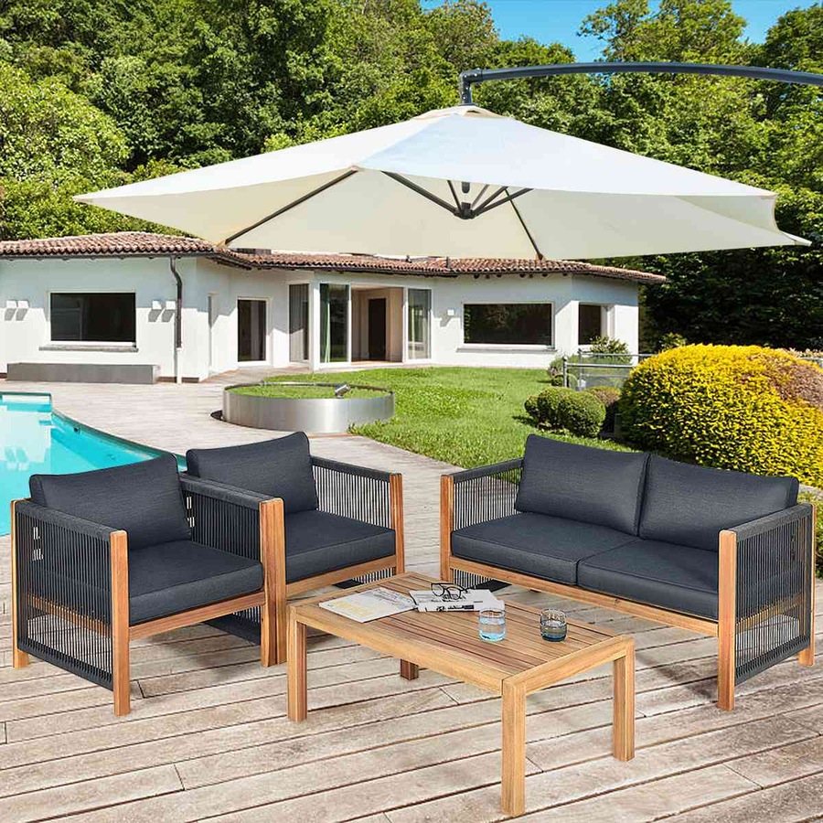 Costway 4PCS Outdoor Patio Furniture Wood Lounge Sofa Set Table Chairs Setting Garden Backyard Grey