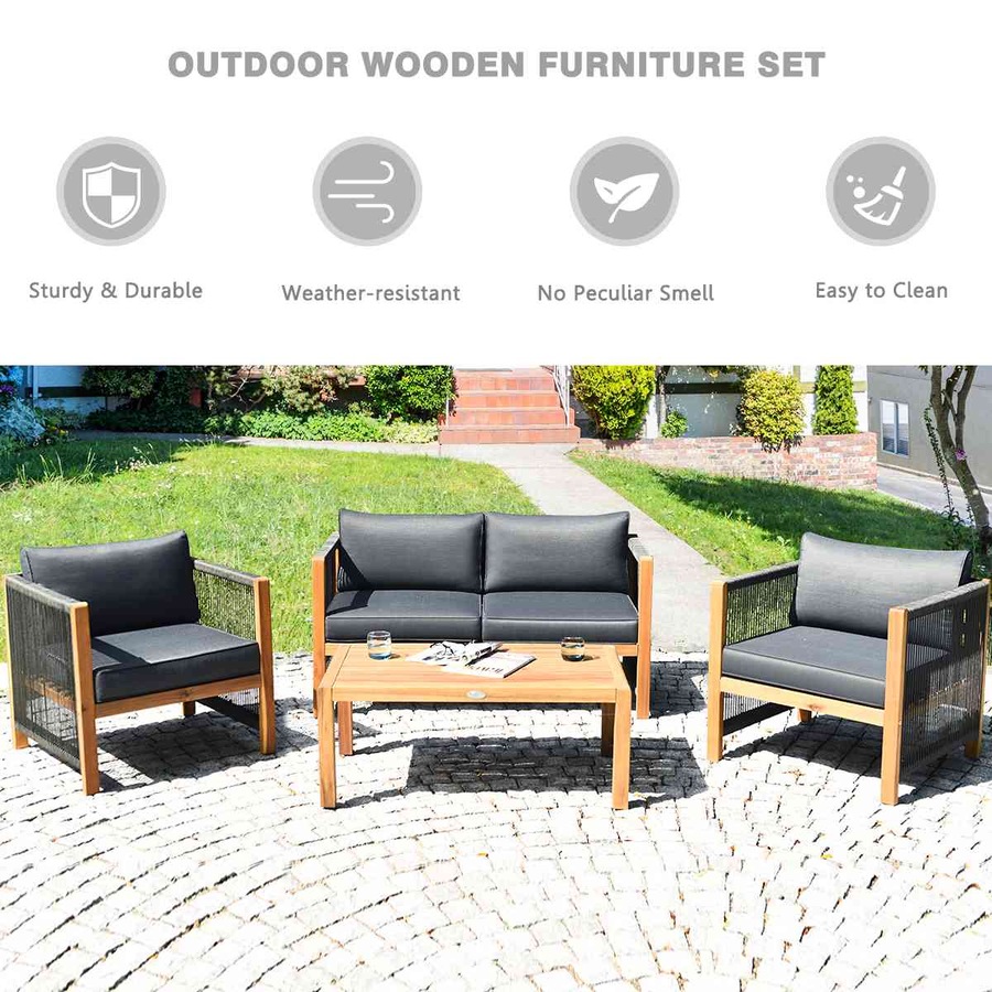 Costway 4PCS Outdoor Patio Furniture Wood Lounge Sofa Set Table Chairs Setting Garden Backyard Grey