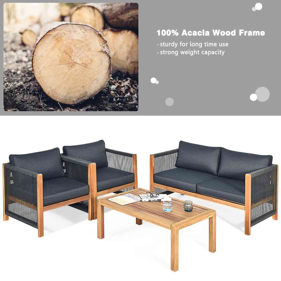 Costway 4PCS Outdoor Patio Furniture Wood Lounge Sofa Set Table Chairs Setting Garden Backyard Grey