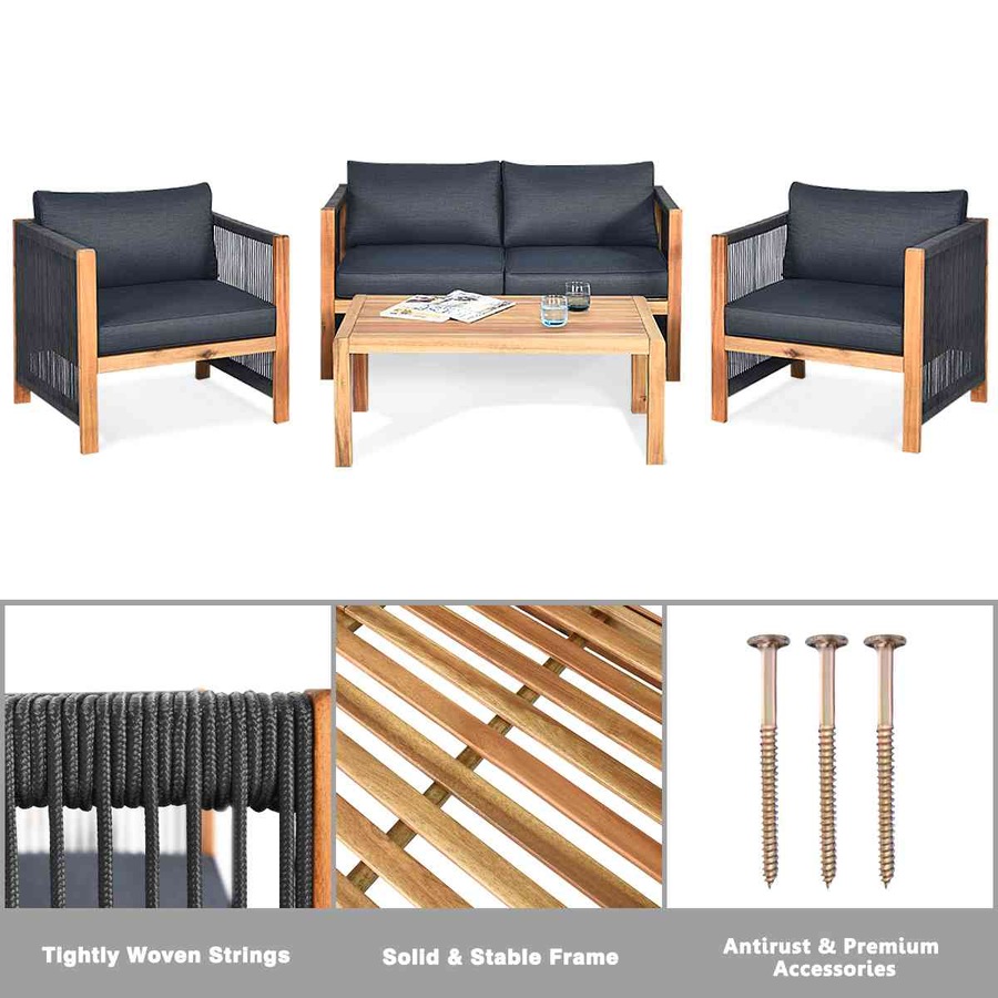 Costway 4PCS Outdoor Patio Furniture Wood Lounge Sofa Set Table Chairs Setting Garden Backyard Grey