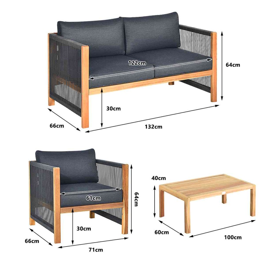 Costway 4PCS Outdoor Patio Furniture Wood Lounge Sofa Set Table Chairs Setting Garden Backyard Grey