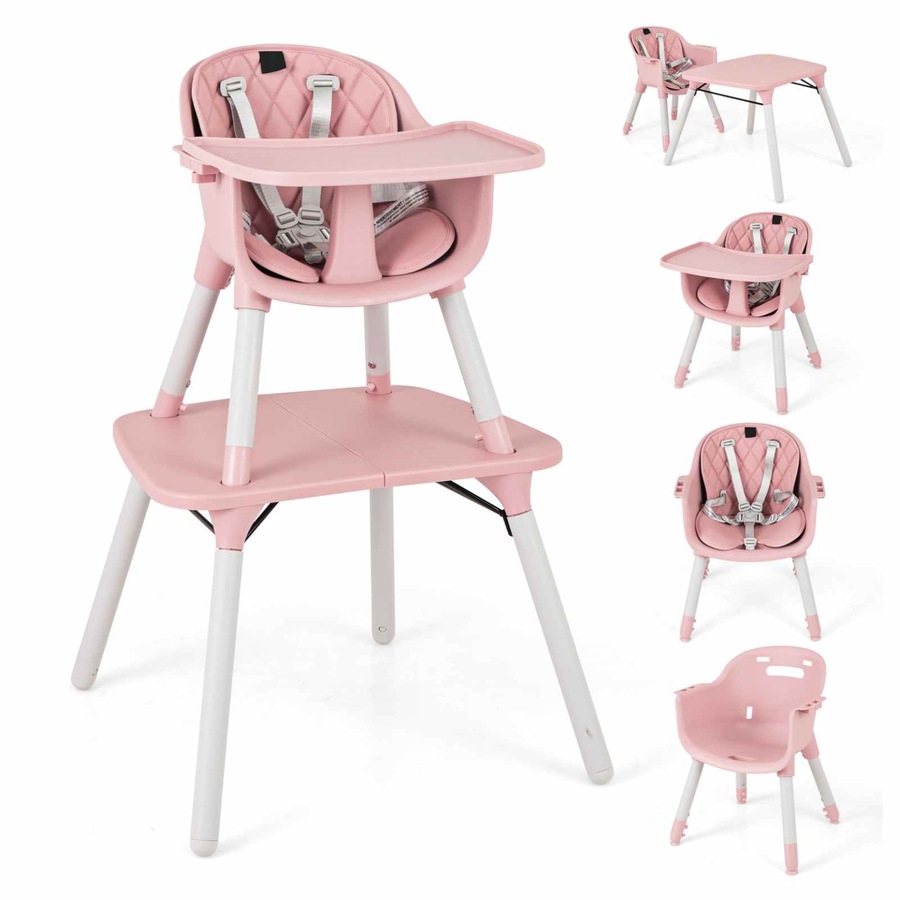 Costway 5-in-1 High Chair Convertible Highchair Chair Table Set Feeding Chair w/Security Harness Adjustable Tray Pink