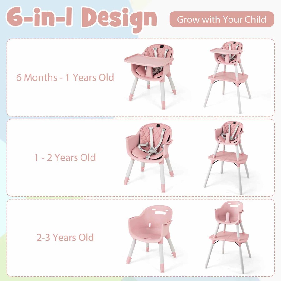 Costway 5-in-1 High Chair Convertible Highchair Chair Table Set Feeding Chair w/Security Harness Adjustable Tray Pink