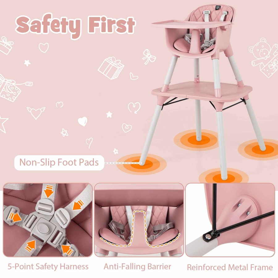 Costway 5-in-1 High Chair Convertible Highchair Chair Table Set Feeding Chair w/Security Harness Adjustable Tray Pink