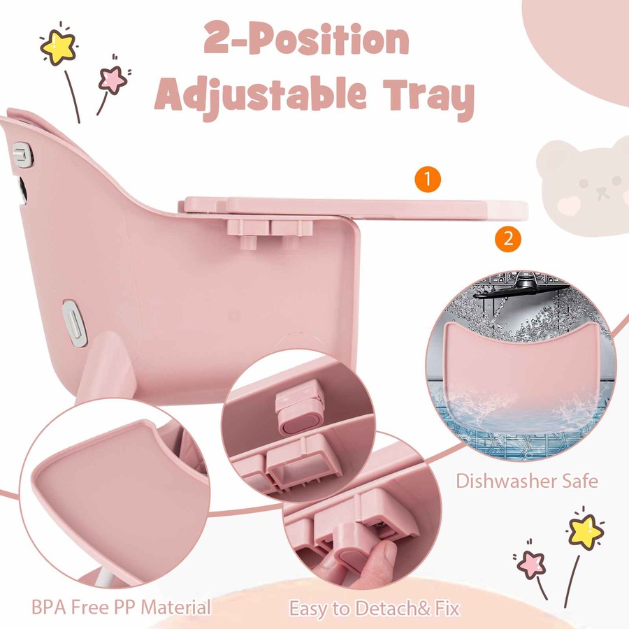 Costway 5-in-1 High Chair Convertible Highchair Chair Table Set Feeding Chair w/Security Harness Adjustable Tray Pink