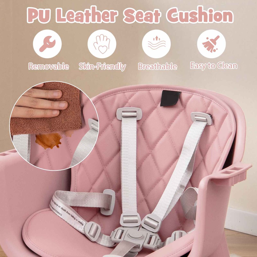 Costway 5-in-1 High Chair Convertible Highchair Chair Table Set Feeding Chair w/Security Harness Adjustable Tray Pink