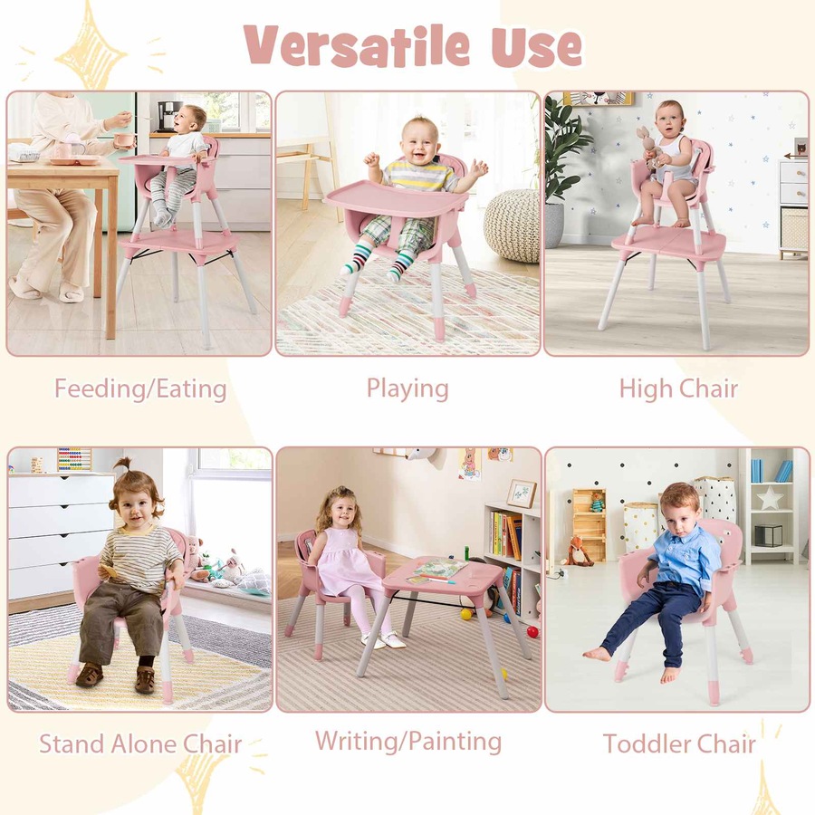 Costway 5-in-1 High Chair Convertible Highchair Chair Table Set Feeding Chair w/Security Harness Adjustable Tray Pink