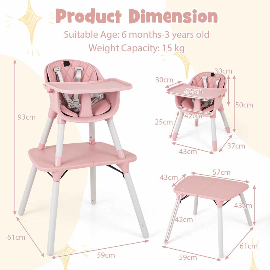 Costway 5-in-1 High Chair Convertible Highchair Chair Table Set Feeding Chair w/Security Harness Adjustable Tray Pink