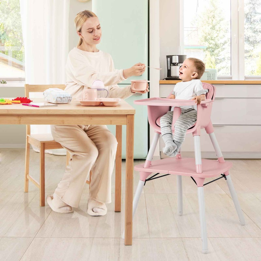 Costway 5-in-1 High Chair Convertible Highchair Chair Table Set Feeding Chair w/Security Harness Adjustable Tray Pink
