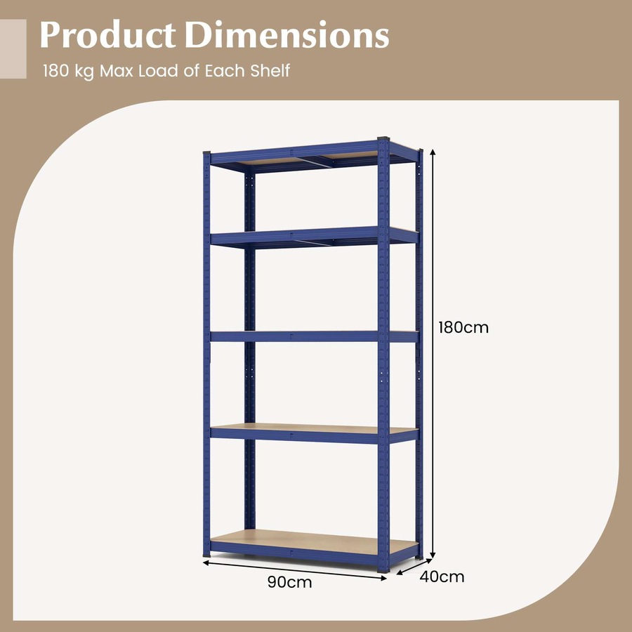 Costway 5-Tier 90x180cm Heavy Duty Metal Shelving Unit Adjustable Garage Storage Utility Shelves Blue
