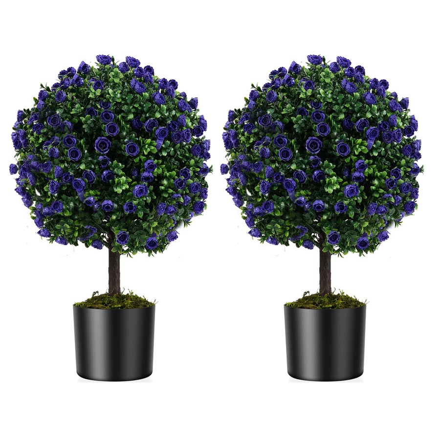 Costway 55cm Set of 2 Artificial Purple Rose Topiary Ball Trees Fake Boxwood Potted Decorative Plant
