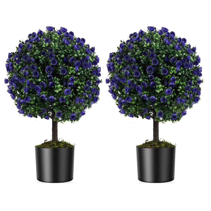 Costway 55cm Set of 2 Artificial Purple Rose Topiary Ball Trees Fake Boxwood Potted Decorative Plant
