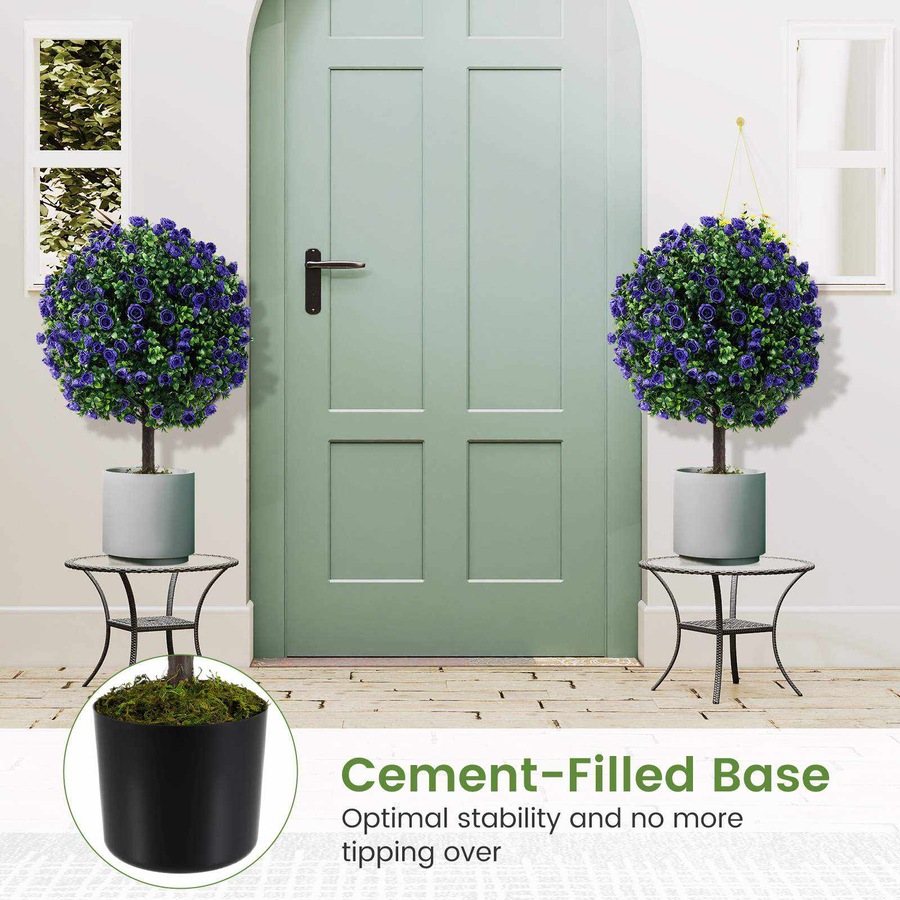 Costway 55cm Set of 2 Artificial Purple Rose Topiary Ball Trees Fake Boxwood Potted Decorative Plant