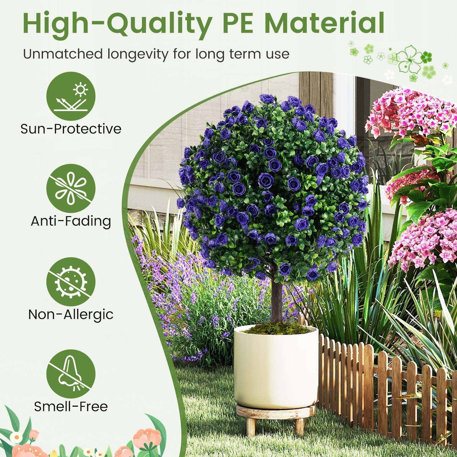 Costway 55cm Set of 2 Artificial Purple Rose Topiary Ball Trees Fake Boxwood Potted Decorative Plant