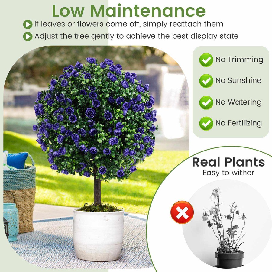 Costway 55cm Set of 2 Artificial Purple Rose Topiary Ball Trees Fake Boxwood Potted Decorative Plant