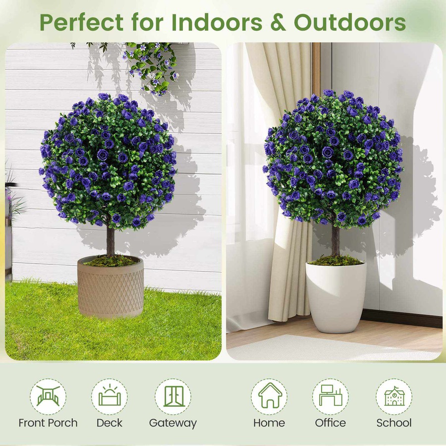Costway 55cm Set of 2 Artificial Purple Rose Topiary Ball Trees Fake Boxwood Potted Decorative Plant
