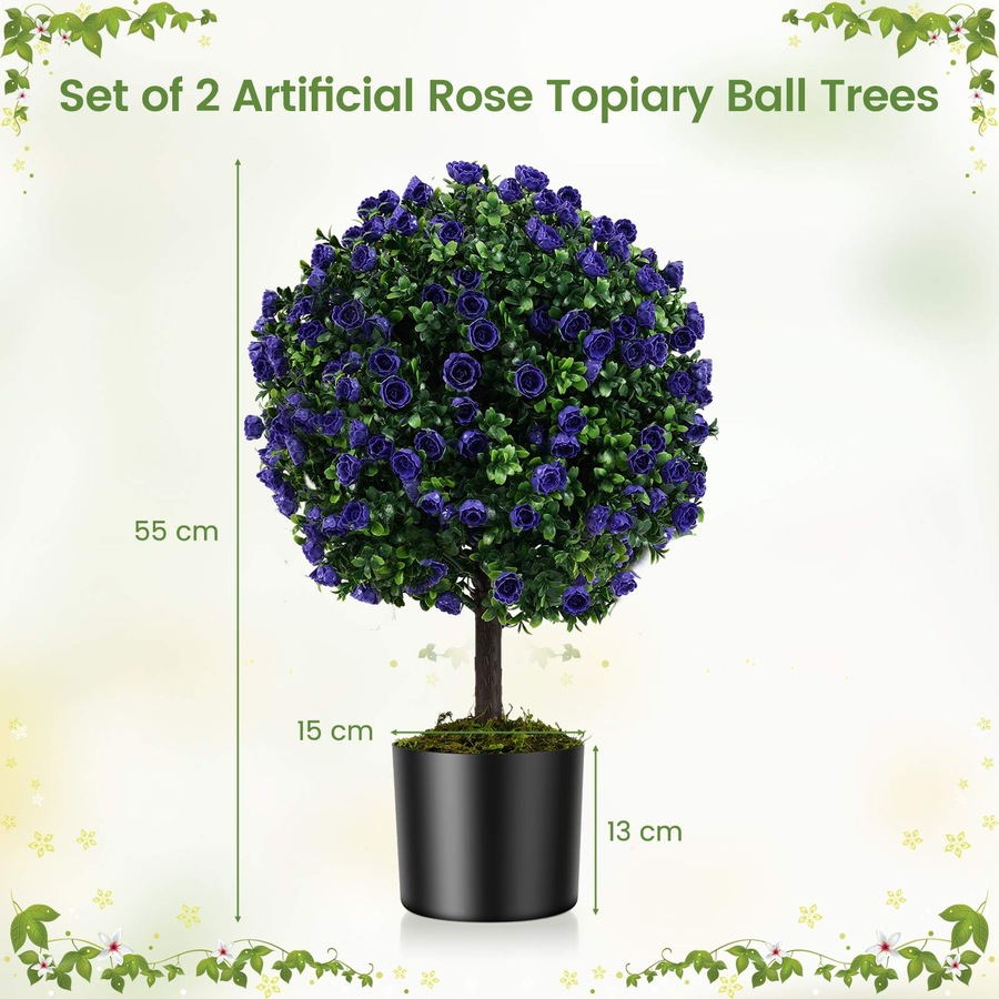 Costway 55cm Set of 2 Artificial Purple Rose Topiary Ball Trees Fake Boxwood Potted Decorative Plant