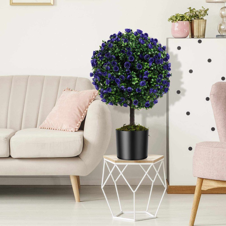 Costway 55cm Set of 2 Artificial Purple Rose Topiary Ball Trees Fake Boxwood Potted Decorative Plant