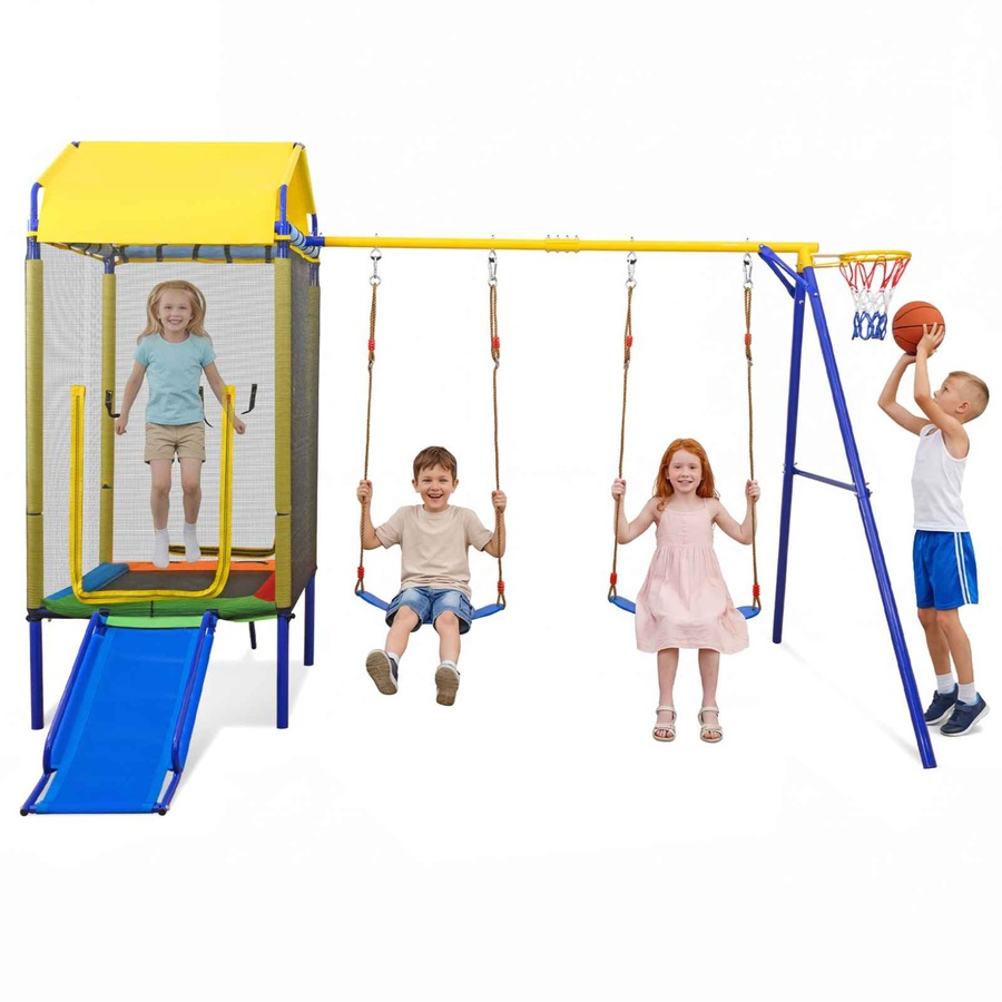 Costway 5in1 Swing Set w/Trampoline Metal Outdoor Playset 2 Belt Swing Slide Ladder Basketball Hoop Playground Backyard