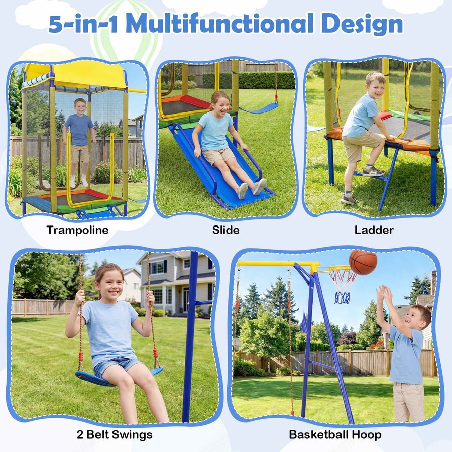 Costway 5in1 Swing Set w/Trampoline Metal Outdoor Playset 2 Belt Swing Slide Ladder Basketball Hoop Playground Backyard