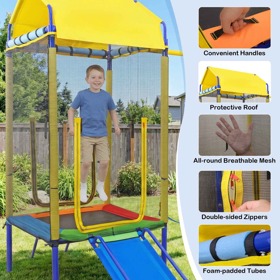 Costway 5in1 Swing Set w/Trampoline Metal Outdoor Playset 2 Belt Swing Slide Ladder Basketball Hoop Playground Backyard