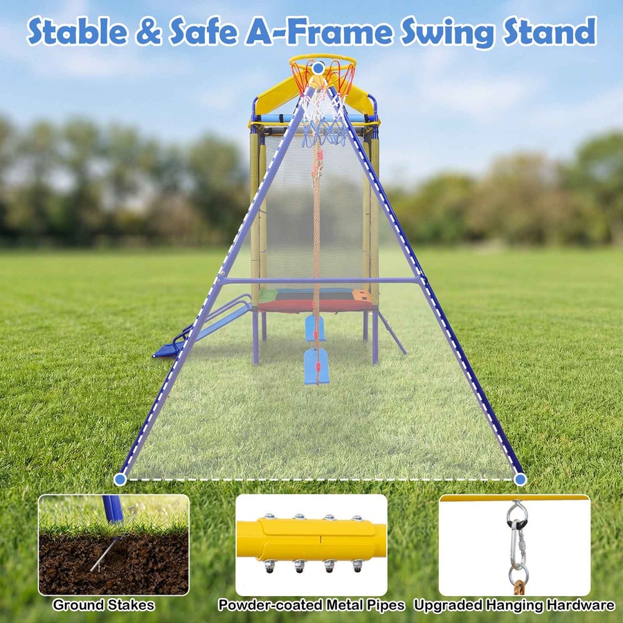 Costway 5in1 Swing Set w/Trampoline Metal Outdoor Playset 2 Belt Swing Slide Ladder Basketball Hoop Playground Backyard