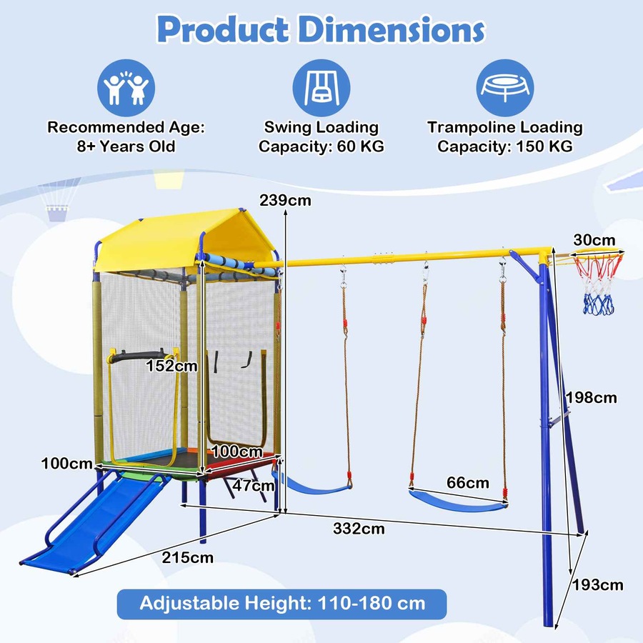 Costway 5in1 Swing Set w/Trampoline Metal Outdoor Playset 2 Belt Swing Slide Ladder Basketball Hoop Playground Backyard