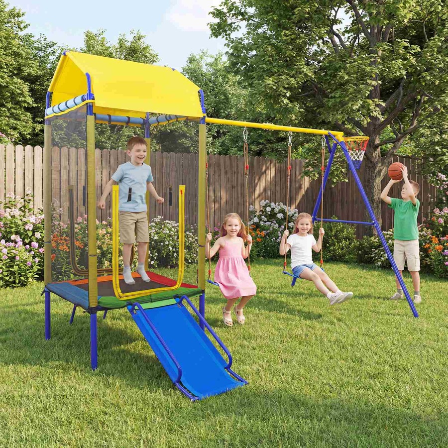 Costway 5in1 Swing Set w/Trampoline Metal Outdoor Playset 2 Belt Swing Slide Ladder Basketball Hoop Playground Backyard