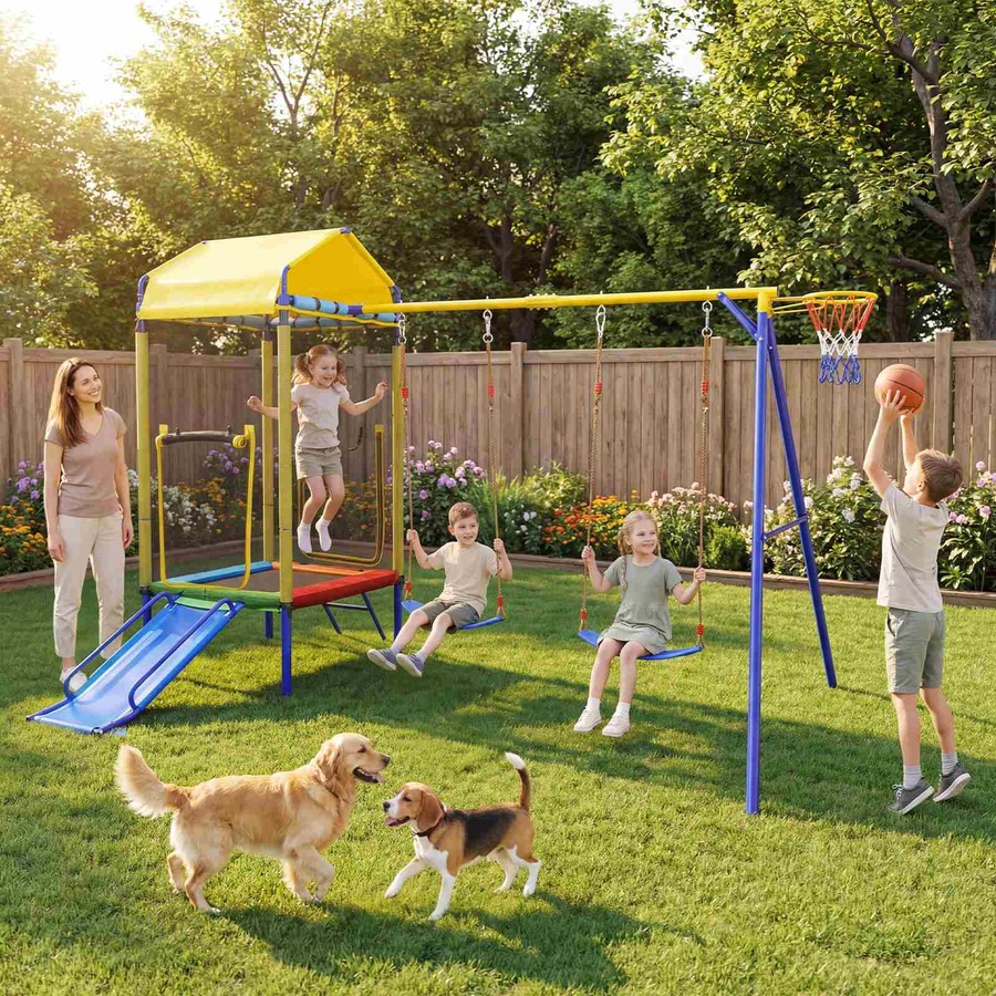 Costway 5in1 Swing Set w/Trampoline Metal Outdoor Playset 2 Belt Swing Slide Ladder Basketball Hoop Playground Backyard