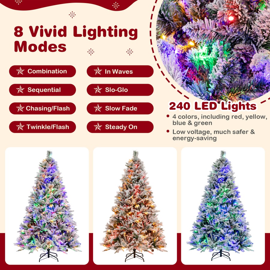 Costway 1.8M Pre-Lit Snow Flocked Christmas Tree Hinged Xmas Decor 8 Lighting Modes