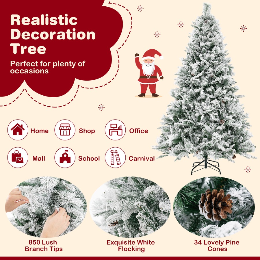 Costway 1.8M Pre-Lit Snow Flocked Christmas Tree Hinged Xmas Decor 8 Lighting Modes