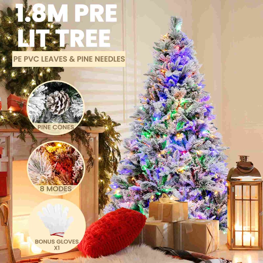Costway 1.8M Pre-Lit Snow Flocked Christmas Tree Hinged Xmas Decor 8 Lighting Modes