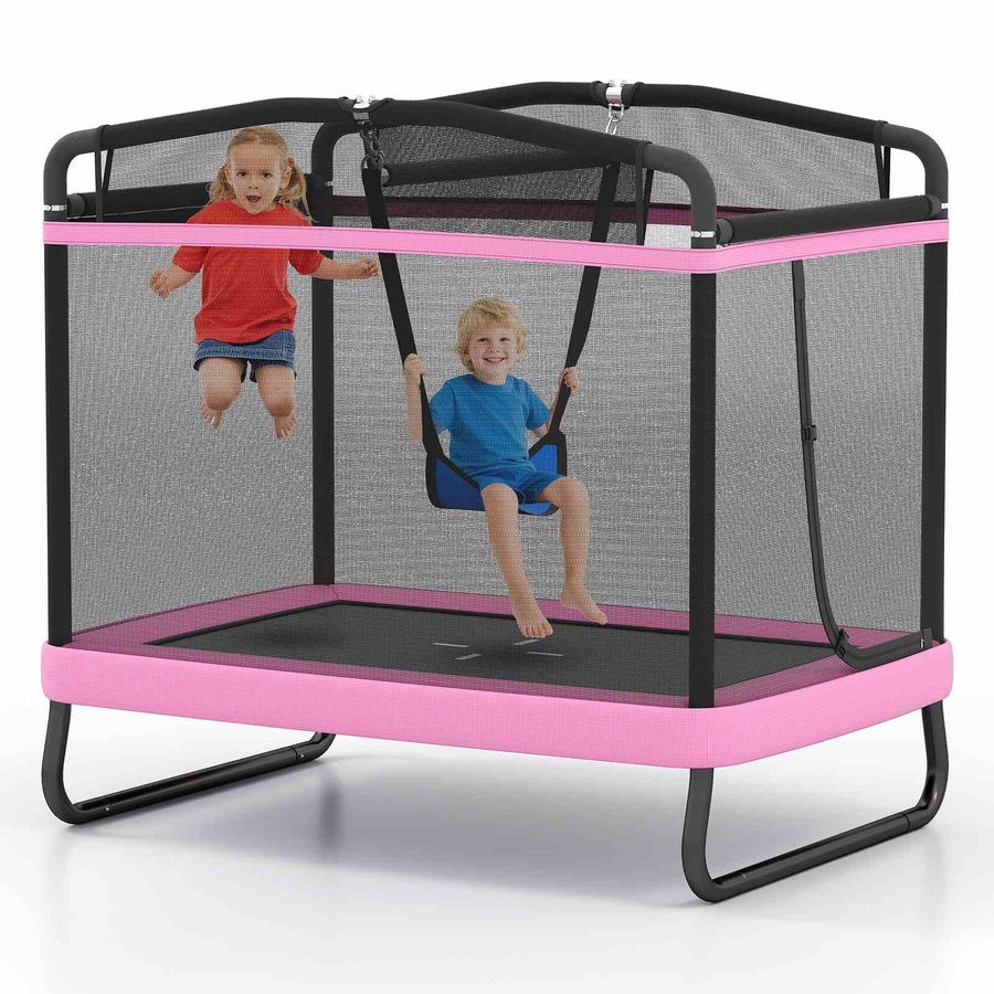 Costway 6 FT Trampoline w/Swing Horizontal Bar & Enclosure Net Indoor Outdoor Rectangle Rebounder Pink