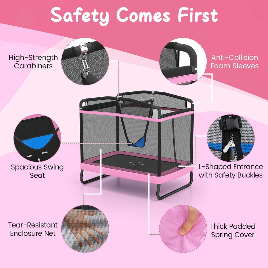 Costway 6 FT Trampoline w/Swing Horizontal Bar & Enclosure Net Indoor Outdoor Rectangle Rebounder Pink