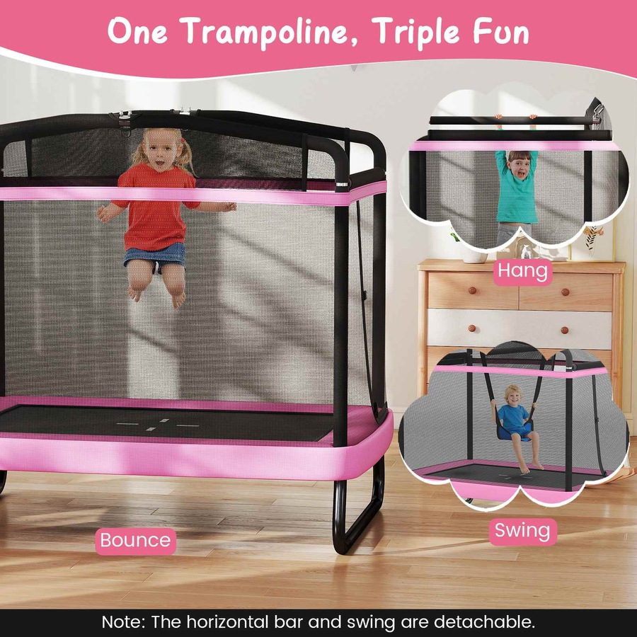 Costway 6 FT Trampoline w/Swing Horizontal Bar & Enclosure Net Indoor Outdoor Rectangle Rebounder Pink