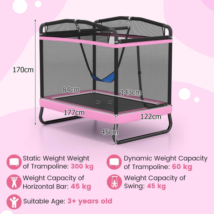 Costway 6 FT Trampoline w/Swing Horizontal Bar & Enclosure Net Indoor Outdoor Rectangle Rebounder Pink