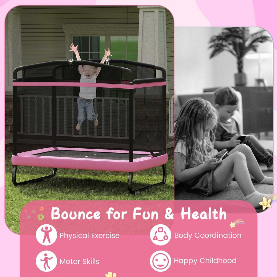 Costway 6 FT Trampoline w/Swing Horizontal Bar & Enclosure Net Indoor Outdoor Rectangle Rebounder Pink