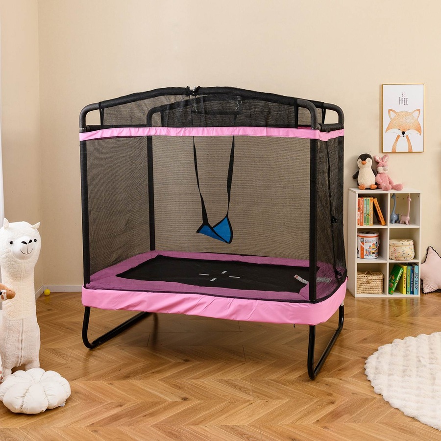 Costway 6 FT Trampoline w/Swing Horizontal Bar & Enclosure Net Indoor Outdoor Rectangle Rebounder Pink