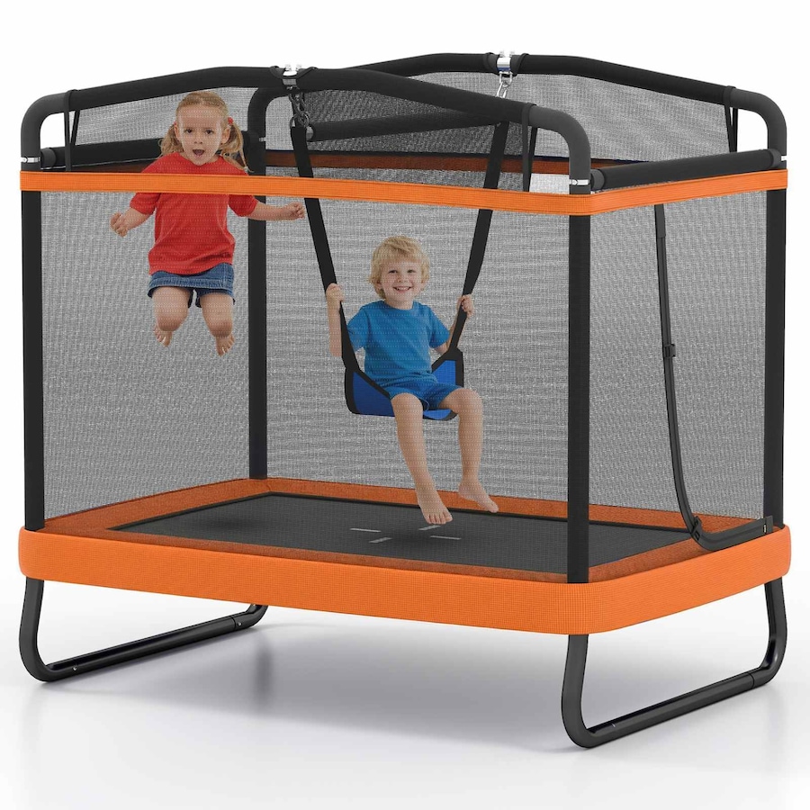 Costway 6 FT Trampoline w/Swing Horizontal Bar & Enclosure Net Indoor Outdoor Rectangle Rebounder Orange
