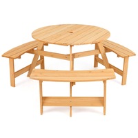 Costway 6 Person Wooden Picnic Bench Set Dining Table & Built-in Chairs w/Umbrella Hole Outdoor Activity